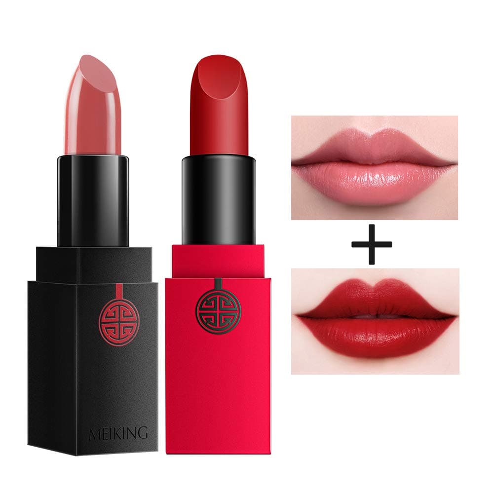 Moisturizing Matte Lipstick Set Lustrous - MEIKING Waterproof Long Lasting Soft Pink Lip Stick Nude Red Cosmetics Natural Lip Makeup 0.13 oz (Lustrous + Matte Set)