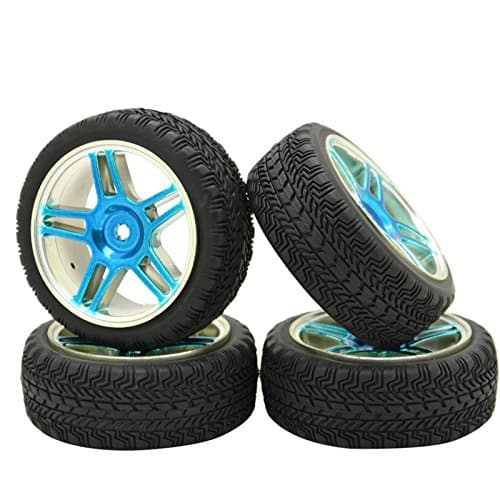 4x RC 1/10 Scale Blue Plastic Plated Hub Wheel Rim 10 Spoke Soft Rubber Tires Pattern For RC Car pack of 4Pcs