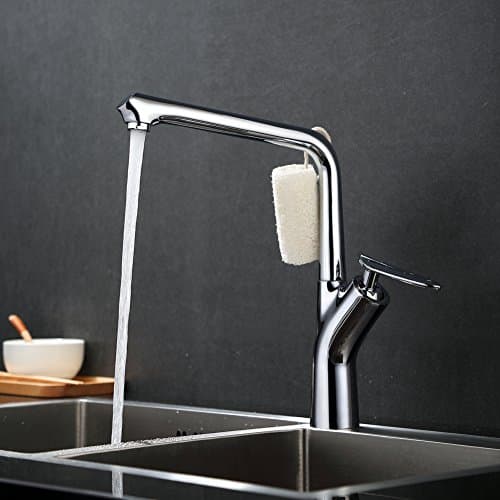 QLINGO Modern Brass Single Handle Kitchen Sink Faucet Mixer Tap + Supply Hose and Faucet Adapter for both 3/8" and 1/2" Connection Size, Chrome