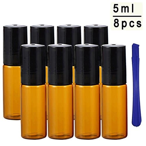 8Pcs, 5ml Glass Roller Bottles with Stainless Steel Roller Ball - Refillable Essential Oil Roll on Bottles with Black Lid Opener Pry Tool, Great for Aromatherapy, Perfumes and Lip Balms by JamHoo