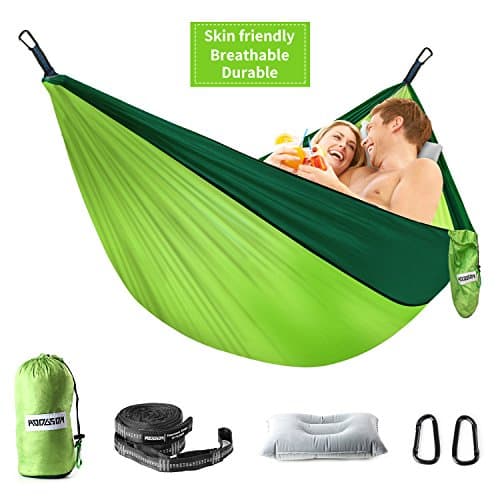 HODGSON Camping Hammock Single & Double Hammock with Heavy Duty 14 Loops Hammock Tree Straps & Air Pillow, Portable Parachute Nylon Hammock for Backpacking, Travel, 118” x 78” (Green)