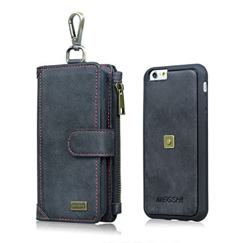 iPhone 7 Plus Wallet Case,MEGSHI Sports Wallet Case With Card Slot, Cash Slip, Detachable Slim TPU Phone Case And Climbing Hook, 5.5 Inch, Black