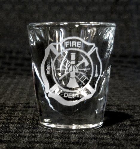 Heavy Etched Shot Glass Fire Fighter Maltese Cross