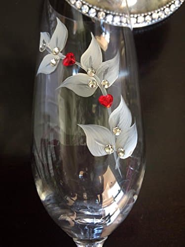 Hand Painted with Silver and Antique White Leaf Design Crystal Champagne Flutes with Swarovski Hearts and Crystals Set of 2