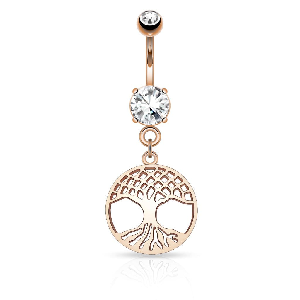 Cult piercing, belly button piercing with rose gold Tree of Life barbell.