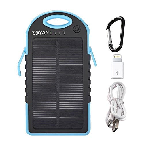 Soyan Solar Panel 5000mah Portable Backup Power Bank Pack Water/ Shock/ Dust Resistant Dual USB Charger 5000mah Solar Battery Panel Dual USB Port Rain-resistant, Dirtproof and Shockproof Portable Charger Backup External Battery Pack Power Bank for Iphone 6, 6 Plus, 5s, 5c, 4s, 4, Ipod Touch, Ipad (An Adapter included),Samsung Galaxy Note 2, Note 3, S2 S3, S4, S5,nexus 4/5/7,moto X, Lg G2/3,sony Xperia Z1 Black and Other Usb-charged Devices (Blue)