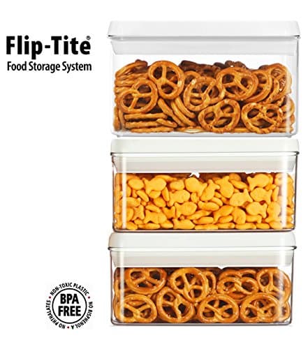 (Functional Storage Container) Flip-tite Canister Collection. Set of 3 (4”W X 8”D X4”H), 1.0L/33oz (Crystal Clear Tab / Square). Amazing sapce-saving rectangle shape.