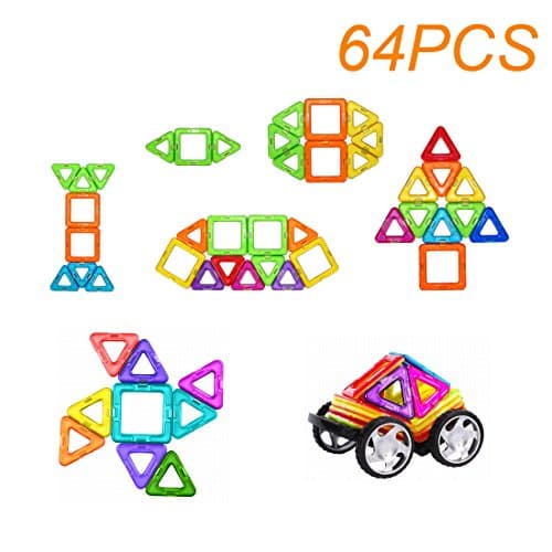 Magnetic Blocks Stack Toys - 64 Pieces Set Kids Construction Double Sided Building Blocks Set for Creativity Educational , Includes Wheels & Carrying Case for Building Cars