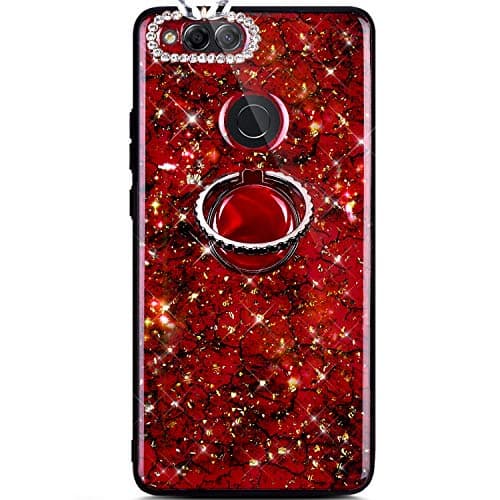 Robinsoni Case Compatible with Huawei Honor 7X Phone Case Silicone Glossy TPU Cover 360 Degree Rotation Ring Case Kickstand Phone Cover Sparkle Bling Phone Cover Gel Soft Shockproof Case Amber Red