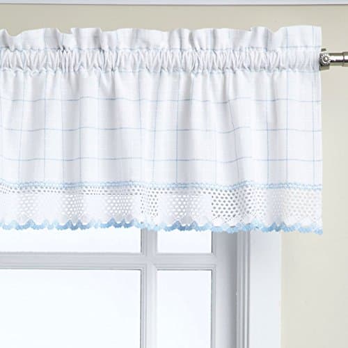 BED BATH N MORE 100-percent Cotton Classic White/ Blue Window Pane Pattern and Crotchet Trim Kitchen Curtains 12 x 60