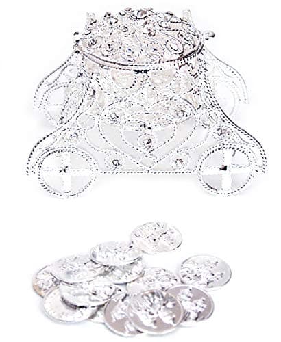 Elegant Silver Rhinestone Carriage Wedding Arras with 13 Coins Set 3.5" X 2" X 2.4"