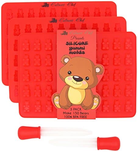 Culinart Chef- 3 Pack (150 Bears)- PREMIUM THICK Silicone Gummy Bear Candy Molds -BONUS CANDY RECIPE E-BOOK & 2 DROPPERS - 100% BPA Free and FDA Approved