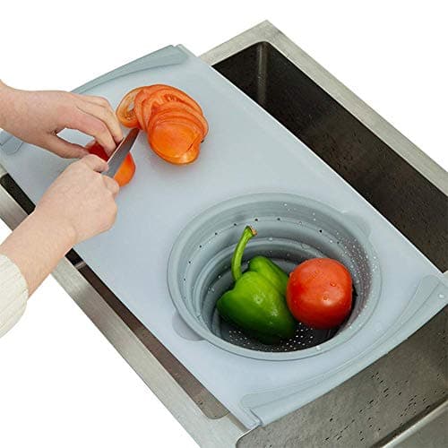 BROADSEAL Cutting Board with Colander for Kitchen, Over The Sink-2 in 1 Strainer Grippboard Chopping Board and Strainer (Grey)