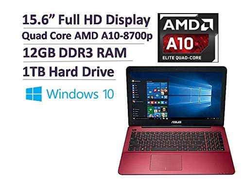 2017 Asus 15.6" Premium High Performance Full HD Laptop - AMD Quad-Core A10-8700P Up to 3.2GHz, 12GB RAM, 1TB HDD, AMD Radeon R6 graphics, DVDRW, WLAN, Bluetooth, Webcam, HDMI, USB 3.0, Win 10 - RED