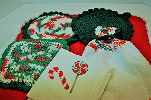 Christmas Gift Set, Include: 2 Hot Pads, Kitchen hanging towel, Dishcloth with Scubbie yarn on one side and 100% cotton yarn on the other and Flour Sack Dish Towel.
