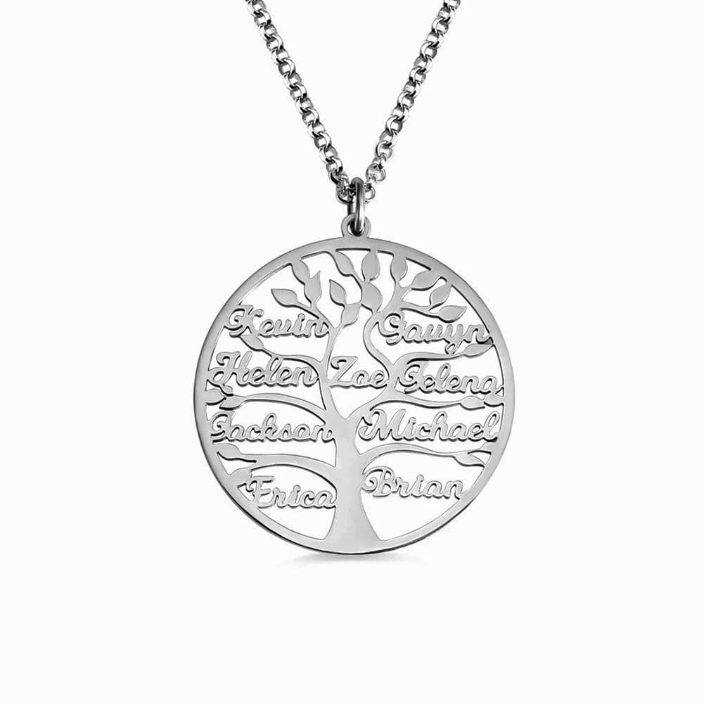 PRSTENLY Personalized Name Tree of Life Necklace with Custom Name Genealogy Necklace, Engraved with Family and Friends Names on The Tree Necklace (Silver)