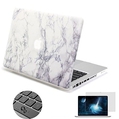 Macbook Pro 13 Case, Topinno Hard Shell Print Frosted Case & Keyboard Cover and Screen Protector Film for Macbook Pro 13 With CD Rom (Model: A1278) - White Marble Rubber Coated Cover