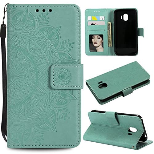 Galaxy J2 Pro 2018 Floral Protective Wallet Case,Galaxy J2 Pro 2018 Strap Flip Case,Leeook Pretty Elegant Embossed Totem Flower Design Pu Leather Bookstyle Magnetic Card Slots Wrist Strap Rose Gold Soft Inner Stand Flip Skin Case Cover Book Style With Lanyard Strap for Samsung Galaxy J2 Pro 2018 + 1 x Free Black Stylus-Green
