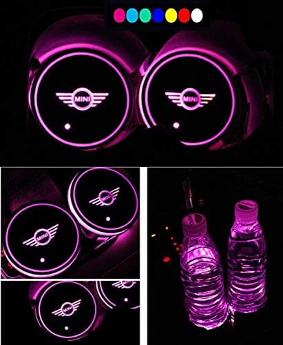 Lntly LED Car Logo Cup Holder Pad Waterproof Bottle Drinks Coaster Built-in Light 7 Colors Changing USB Charging Mat LED Cup Mat Car Atmosphere Lamp 2PCS for AMG Accessories (fit M-i-n-i)