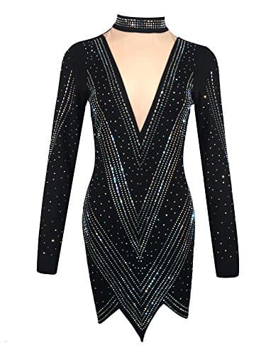 Tina Beauty Turtle Neck Long Sleeve Mesh Insert Rhinestone Beaded Mini Bodycon Dress Medium