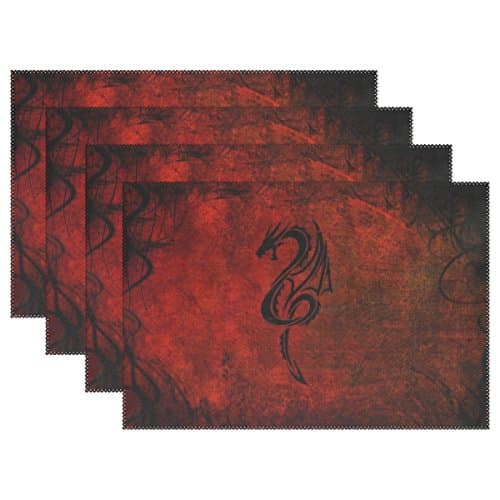 JIUMEI Polyester Fabric Place Mat 12 Inchx18 Inch,Set of 4 Dragon Pattern Red Black Table Mats Washable Heat-resistant For Dinning Table