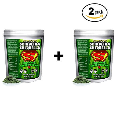 Spirulina Chlorella Cracked Cell Wall Super 50-50 Super-Pack 1,000 Tablets). Raw Organic Gluten-Free Non-GMO Green Superfood. High Protein, Chlorophyll & nucleic acids. No preservatives, (2 Pack)