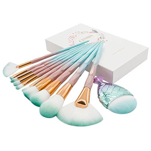 Cinidy 11pcs Makeup Brushes Set 3D Unicorn and Chubby Fishtail Bottom Blush Brush Soft Bristles Kabuki Foundation Blush Eye Brushes with Gift Box(Green gradient)