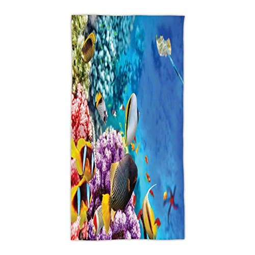 31.49" W x 62.99" L Cotton Microfiber Bath/Hand Towel,Ocean,Clear Underwater Corals and Tropical Fishes and Stingray Starfish Egyptian Sea Image,Multicolor,Ultra Soft,For Hotel Spa Beach Pool Bath