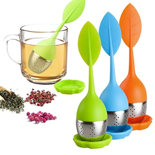 NAOAO Tea Infuser Silicone Filter Long Handle Stainless Steel Strainer with Drip Tray for Loose Leaf Herbal Grain Tea Cups, Mugs, and Teapots(Blue/Green/Orange)
