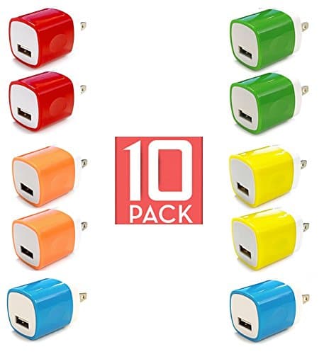 Wall Charger, 10 Pack Universal Portable USB Power Adapter Plug Outlet for iPhone 7 / 6S / Plus, iPad, Samsung Galaxy, Motorola, HTC, Other Smartphones (Family Pack) (Random Colors)