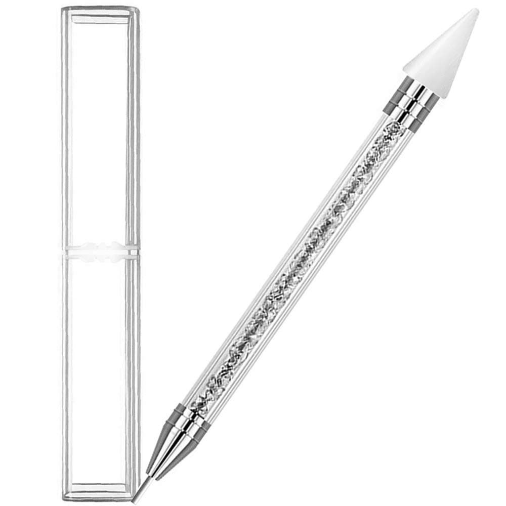 1 Pc Senior Double-head Wax ended Nail Rhinestone Picker Dotting Pen Acrylic Handle Gem Pick Up Applicator Tool Self-Adhesive Dot Head Tips Nail Art DIY Decoration Tool with Travel case (White)