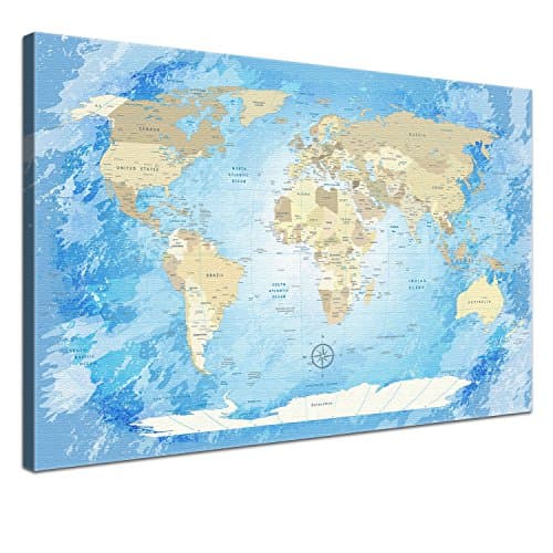 LanaKK - Canvas Picture on Stretcher Frame - Pre-Framed - 100 x 70 cm - World Map with Frozen-Sea Effect by LanaKK