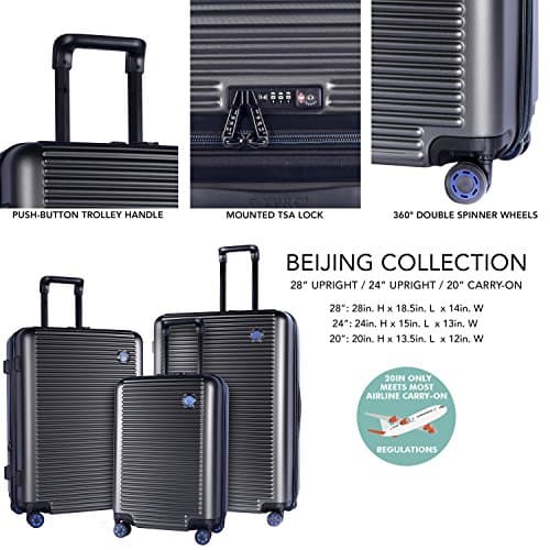 TPRC 3 Piece Multi-Tone Eye-Catching Design Hardside Luggage Set with TSA Lock, Black with Blue Color Option
