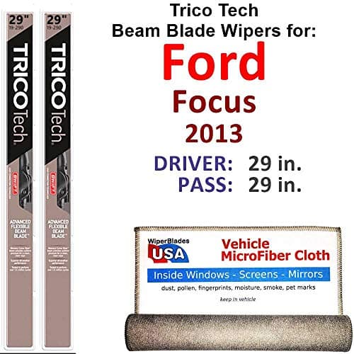 Beam Wiper Blades for 2013 Ford Focus Driver & Passenger Trico Tech Beam Blades Wipers Set of 2 Bundled with Bonus MicroFiber Interior Car Cloth