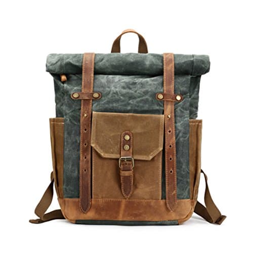 Vintage Canvas Leather Bag Commuter Backpack Waxed Canvas & Leather Laptop Backpack Work-to-weekend Travel Backpack 11.8" x 5.1" x 19.7"(Agate Green)