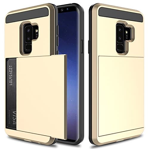 USHAWN Galaxy S9 Plus Case, Sliding Card Holder Dual Layer Hybrid TPU Bumper Protection Defender Shockproof Anti-Scratch Rugged Wallet Case Cover for Samsung Galaxy S9 Plus / S9 + (Gold)