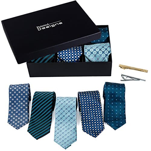 Men's Tie Set - 5 Luxury Neckties And 2 Classy Tie Bars In Gift Box By Pointed Designs