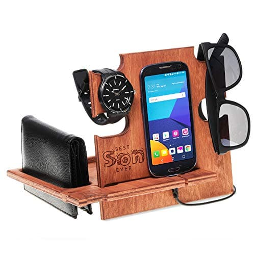 Docking Station, Gift for Son, Gift for Him, Charging Station, Gift for Men, Christmas Gift, iPhone & Android Dock, Desk Organizer, Wooden Docking Station, Docking Station Best Son (2- Walnut)