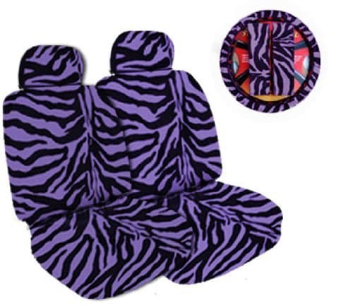 7-Piece Safari Animal Print Auto Interior Gift Set - 2 Purple Zebra Front Bucket Seat Covers, 2 Purple Zebra Headrest Covers, 1 Purple Zebra Steering Wheel Cover, and 2 Purple Zebra Shoulder Harness Pressure Relief Covers