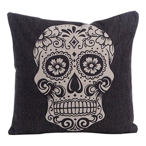 Onker Cotton Linen Square Decorative Throw Pillow Case Cushion Cover 18" x 18" Black Skull Halloween All Hallows' Eve