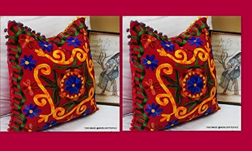 2 PC Suzani Cushion Covers Handmade Wool Embroidered Cotton Canvas Pillow covers Home Decor 16" Handmade Turkish Style Indian Art Interior Decor