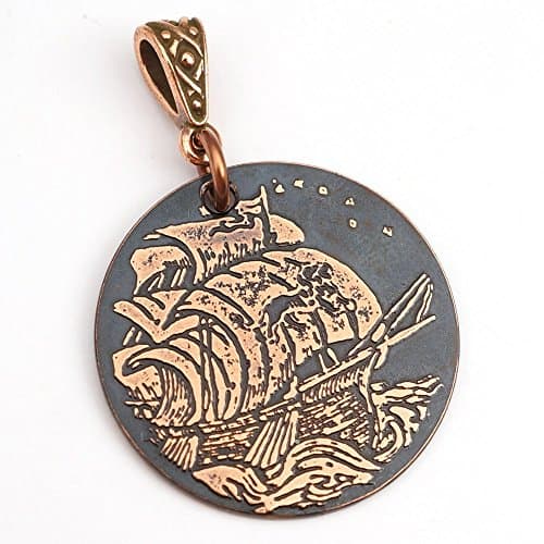 Etched copper pirate ship pendant with lion sail, round flat etching, optional necklace, 28mm