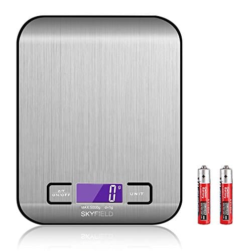 Food Scale, Premium Stainless Steel Multifunction Digital kitchen scale, High Precision Sensors with Capacity 11lb/5kg, 0.01oz/1g division, Silver (Batteries Included)