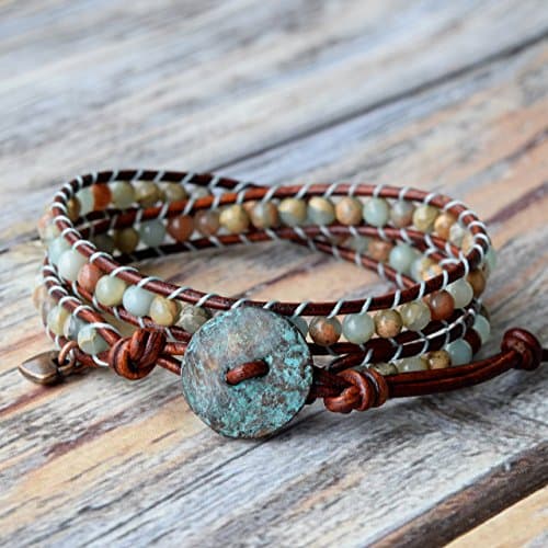 Aqua Terra Gemstone Beaded Leather Wrap Bracelet