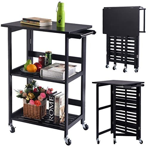 Foldable Wood Kitchen Cart Utility Serving Rolling Cart w/Casters Black New