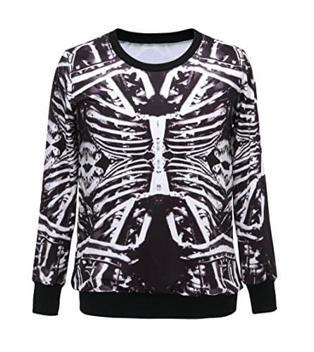 Women's Skull Print Crew Neck Long Sleeves Pullovers Sweatershirts T-shirt (Skeleton)