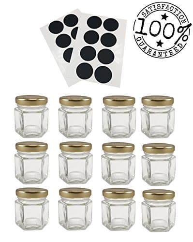 12 Pack Mini Hexagon Glass Jars 1.5oz. Bonus Offer Free Black Labels (12) Included!