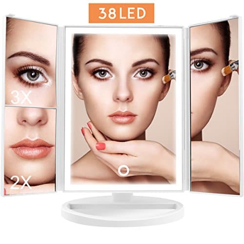 Lighted Makeup Vanity Mirror with Lights and Magnification, 38 LED 3X 2X 1X Magnifying Trifold Tabletop Light Up Cosmetic Mirror, Touch Screen Diammable, Batteries or USB Operated