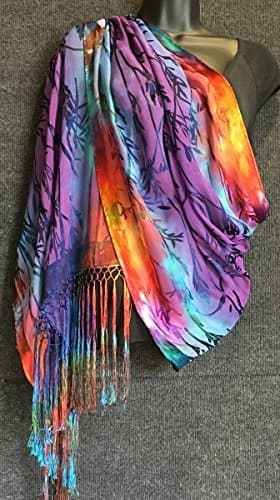 Hand dyed silk shawl or scarf with bamboo "burn out" pattern