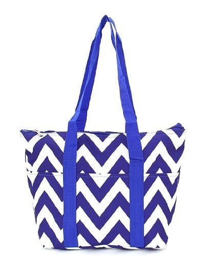 14.5" Chevron Microfiber Insulated Lunch Tote Shoulder Bag with Pockets (Blue)